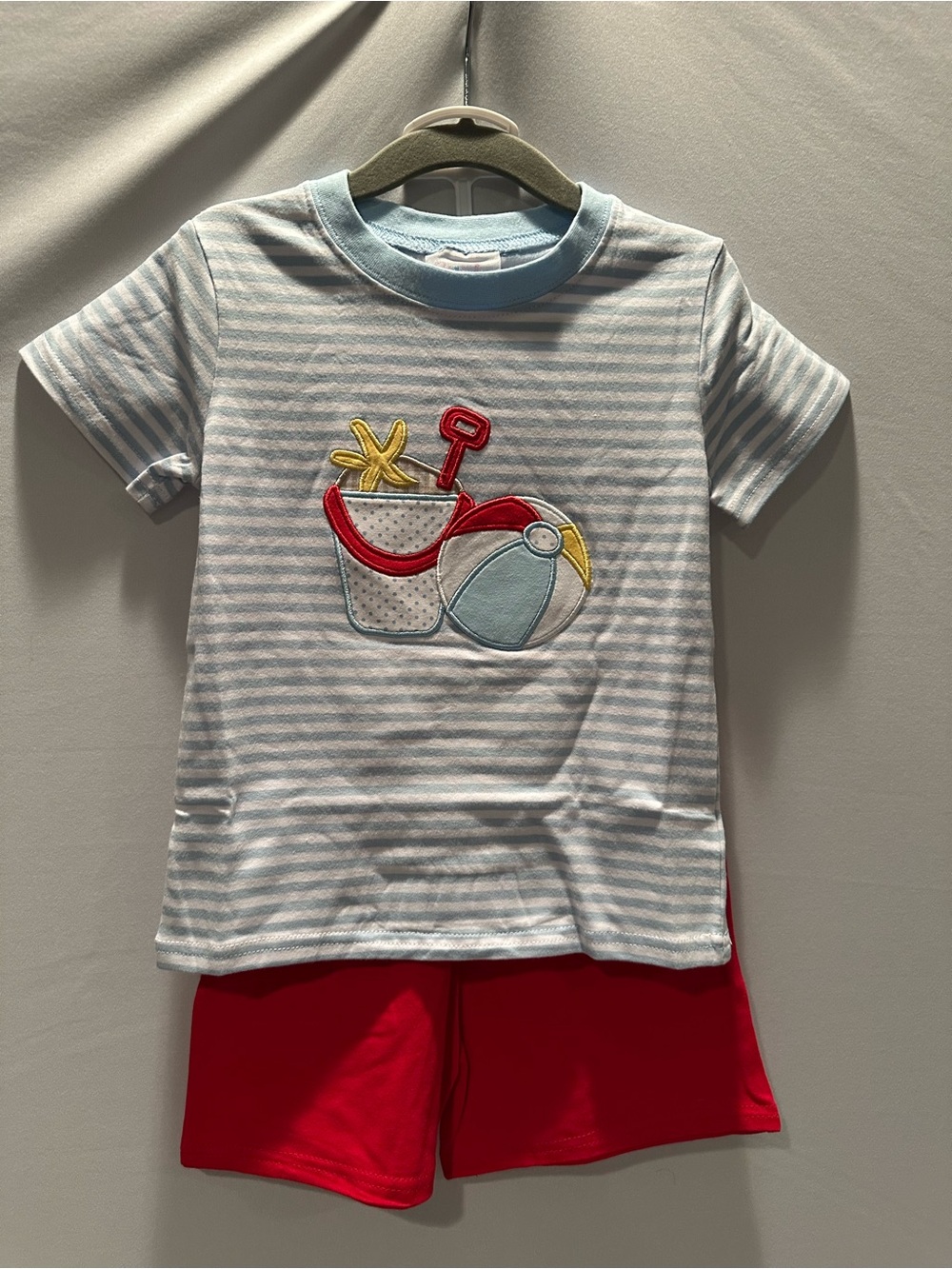Kids Light Blue Stripe Tee with Beach Patch & Red Shorts Set